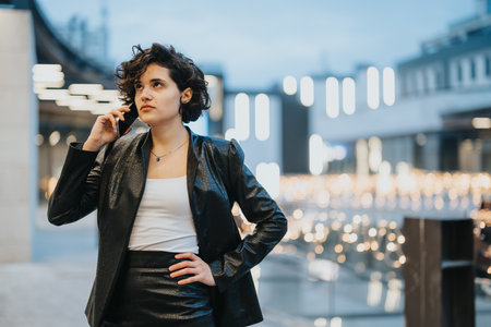 Modern businesswoman in business attire making a call on her mobile phone outside office building with city lights.の写真素材