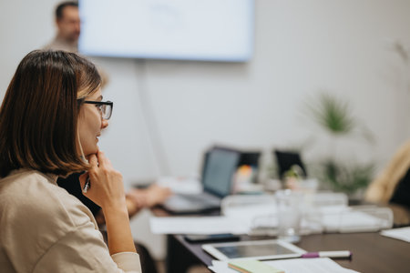 Confident business people collaborating in a boardroom meeting, analyzing statistics and discussing ideas for business growth and profitability.の写真素材