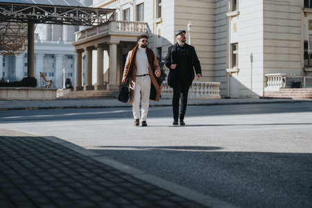 Two stylish men walking confidently outdoors in an urban setting.の写真素材