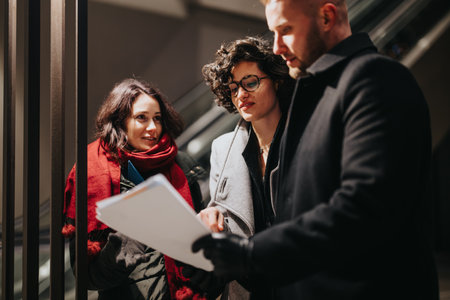 Young business people engage in a focused discussion over a digital tablet, outdoors with urban...
