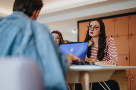 A woman with glasses in a business meeting, attentively listening to a colleague. Represents...
