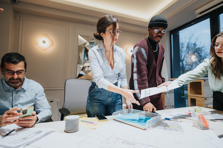 Multigenerational business colleagues engage in a collaborative meeting in a well-lit modern office. Teamwork and partnership in action.の写真素材
