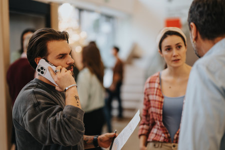 Focused man talking on phone during business meeting in modern office spaceの写真素材
