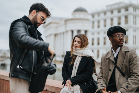 Young business entrepreneurs in outdoor city meeting discussing work.の写真素材