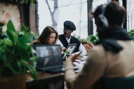 Young business professionals collaborate using a digital tablet in a cafe setting, indicating...