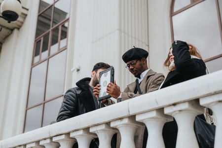 A diverse trio of friends sharing a moment on a city balcony, capturing memories with their smart phones, exuding casual urban style.の写真素材
