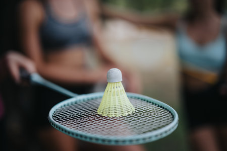 A close up photo of a sports girl holding a badminton racket with a shuttle on it.