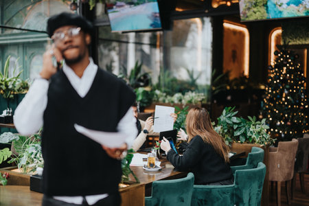 Confident African American businessman wearing a beret and glasses, making a phone call and reviewing documents amidst holiday decor.の写真素材