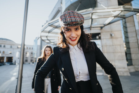 Two young businesswomen working together outdoors with urban backdrop.の写真素材