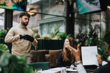 Casual business meeting at a greenhouse cafe with colleagues discussing projects.