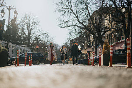 Urban scene with people walking on sunlit city street by shops and cars