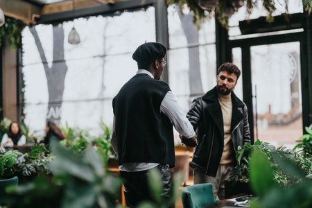 Two stylish businessmen in casual business attire meeting in a trendy cafe with lush greenery.