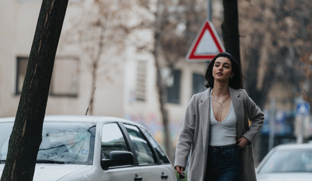 Fashionable young woman walking confidently on urban streetの写真素材