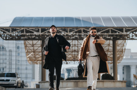 Two professional men walking confidently in urban setting, business style.の写真素材