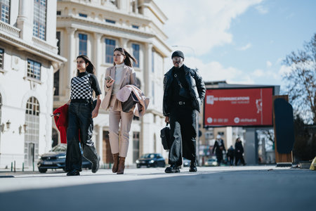 Young professional business partners walking confidently in a city environment.の写真素材