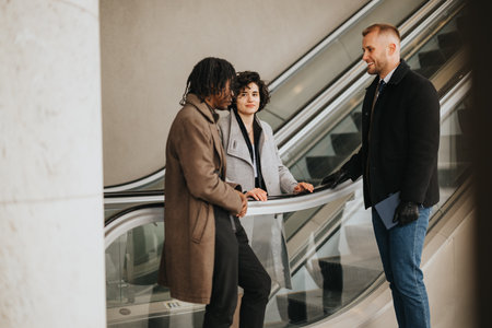 Professional colleagues on escalator engaging in casual conversation.の写真素材