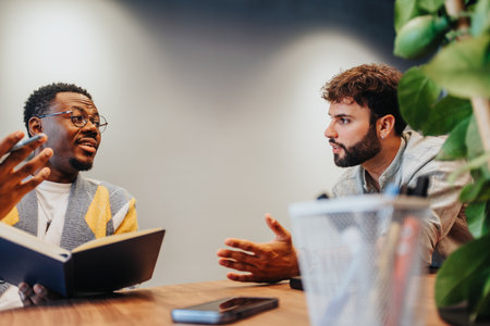 Diverse colleagues collaborate in a modern co-working space, solving problems and driving profit...