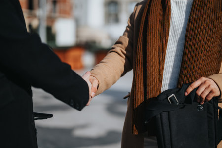 Fashionable male professionals engaging in a firm handshake, focusing on partnership and success, showcasing fashion and city life.の写真素材