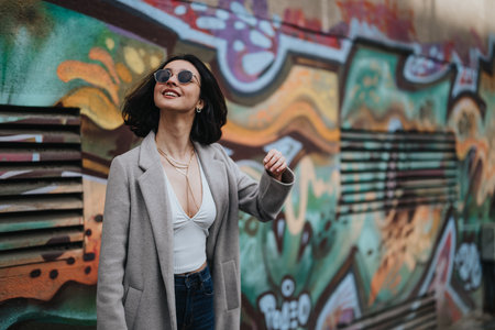 Stylish teenage girl enjoying an autumn day in urban setting with graffiti background.の写真素材