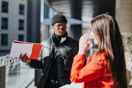 Professional man and woman engaging in outdoor business discussion in urban setting.