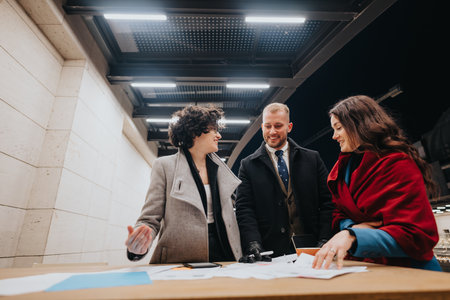 Three people examine documents during an outdoor evening meeting, showcasing teamwork and planning...