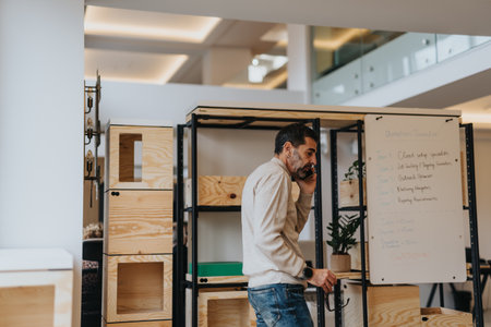 The businessman strides through the modern office, negotiating a crucial deal over the phone with confidence and strategic finesse.の写真素材