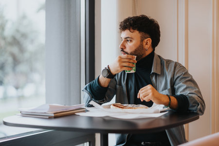 Handsome male person taking his breakfast at work while sitting at table next to the window and looking outside.の写真素材