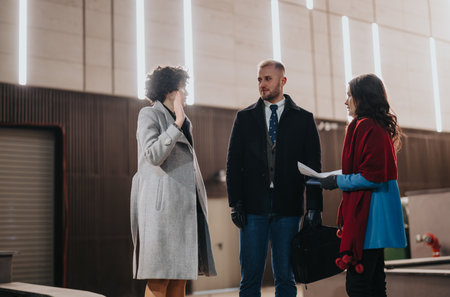 A group of young business professionals engage in a friendly discussion indoors with modern...