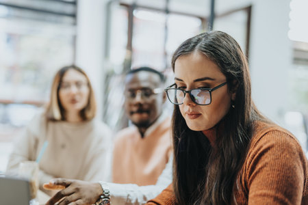 Multigenerational Business Team Discussing Innovation and Market Analysis at Corporate Officeの写真素材