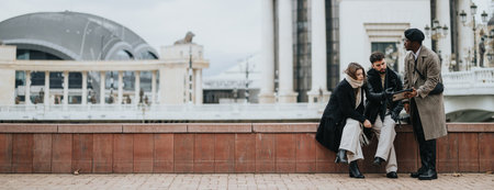A multiethnic group of young entrepreneurs are engaged in a business meeting on a city street,...
