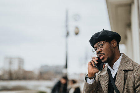 A fashionable young businessman in a beret and classic attire is engaged in a conversation on his mobile phone while standing outside.の写真素材