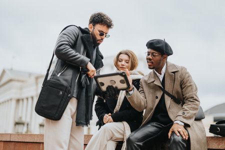 A diverse group of young business partners engaging in a business discussion in an urban outdoor setting, collaborating over a digital tablet.の写真素材