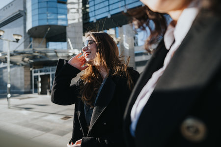Dynamic young entrepreneurs engaging in a business discussion outdoors.の写真素材