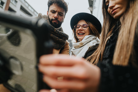 Dynamic young professionals collaborating using tablet on city street