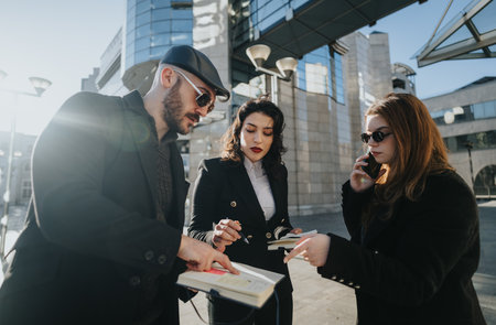 Dynamic team of young entrepreneurs collaborating on business outdoors.の写真素材
