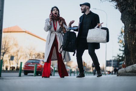 A young businessman overloaded with bags as he catches up and confronts his girlfriend who is...