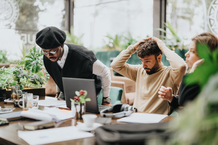 Multiethnic business colleagues collaborating on a project in a cozy restaurant setting, reflecting teamwork and partnership.の写真素材