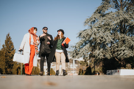 A group of young business partners engage in a lively outdoor meeting on a sunny winter day, exchanging ideas and planning new ventures.の写真素材