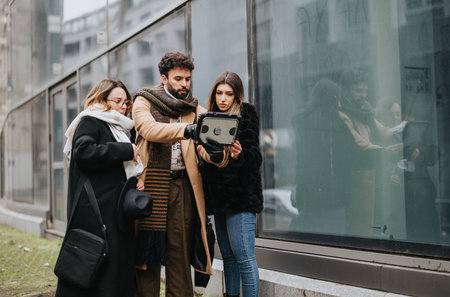 Group of three young adults using a digital tablet together on an urban street in winter, showcasing...