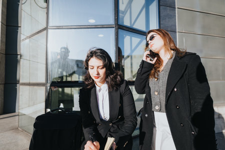 Two young businesswomen engaged in their work outdoors, one talking on the phone and the other...