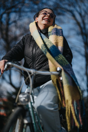 Joyful woman enjoying a sunny day while cycling in the park.の写真素材