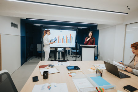 Diverse business professionals collaborating in a classroom, discussing stats, strategy, and innovation. Emphasizing teamwork and skills improvement.の写真素材