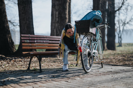 Outdoor portrait of a focused woman fixing the chain of her vintage bicycle on a serene day in a leaf-strewn park setting.の写真素材