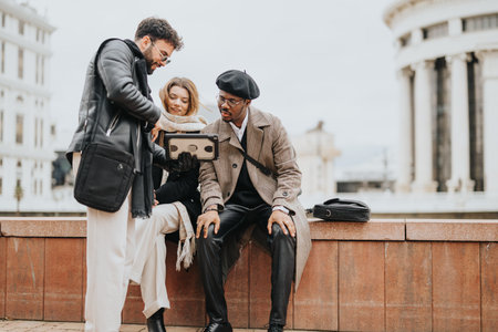 Multicultural business team using tablet for outdoor meeting in city.の写真素材