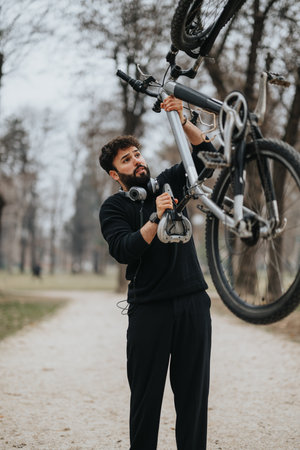 Businessman in casual wear carrying a bicycle in a park setting.の写真素材