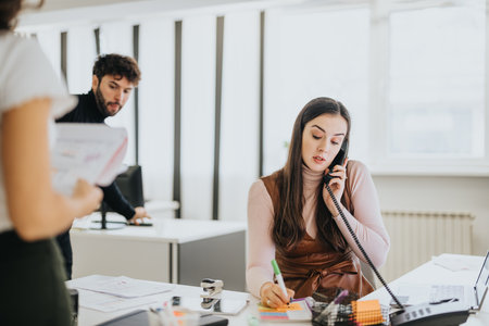 Focused businesswoman multitasking with phone and notes at desk with colleagues in modern office spaceの写真素材