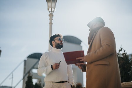 Two stylish, professional men exchange a handshake under the sun, sealing a deal with a modern cityscape behind them.の写真素材
