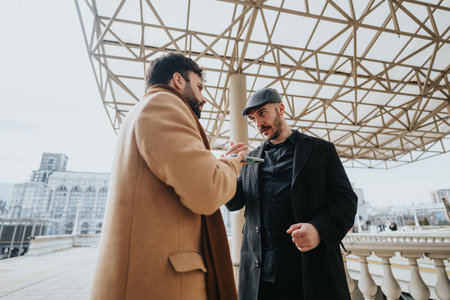 Two stylish men dressed in winter coats have a casual chat outdoors with modern architecture in the...