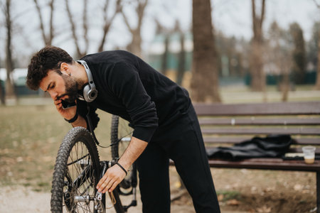 Focused businessman fixing bicycle wheel in park, with headphones and jacket on benchの写真素材