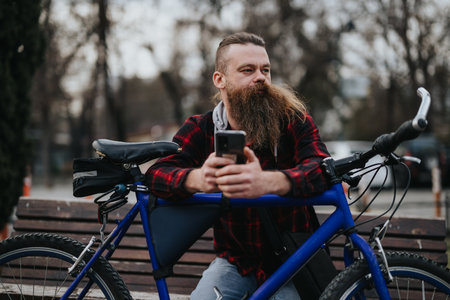Bearded man in plaid shirt using smart phone while sitting on a blue bicycle in a park settingの写真素材